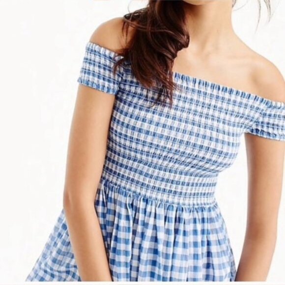J Crew Blue Gingham Off Shoulder Dress (L) - Picture 4 of 5